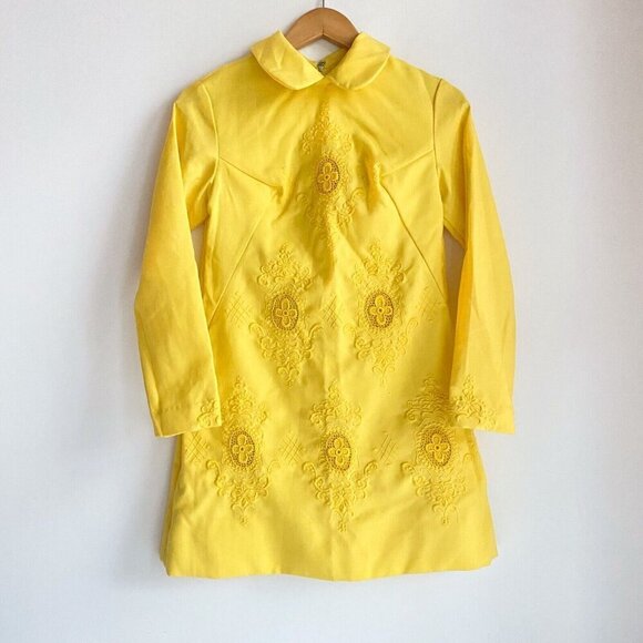 Vintage Sunny Yellow Embroudered Long Sleeve Short Tunic Top S - Picture 2 of 6